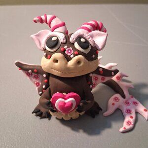 Big eyed dragon w/heart Signed,Original Clay Sculpture by Ellen Griffin fantasy